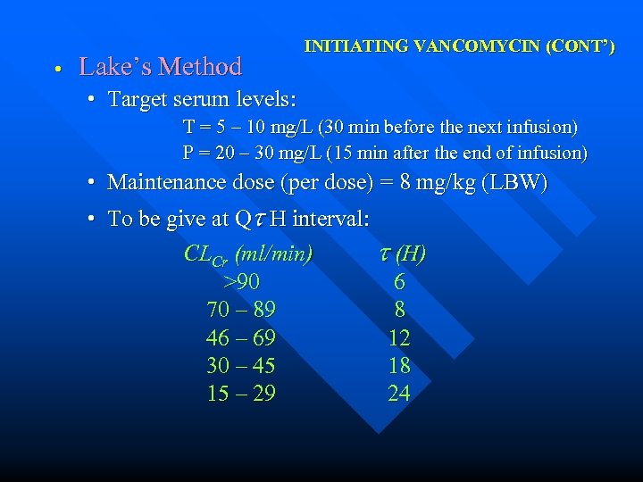  • Lake’s Method INITIATING VANCOMYCIN (CONT’) • Target serum levels: T = 5