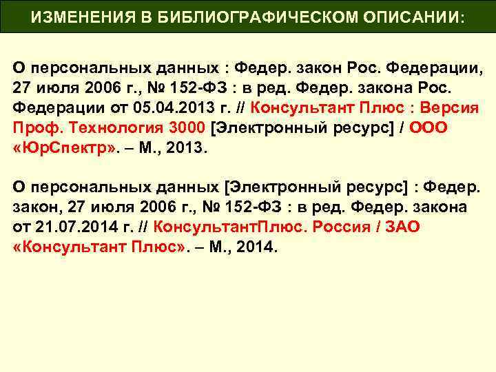ИЗМЕНЕНИЯ В БИБЛИОГРАФИЧЕСКОМ ОПИСАНИИ: О персональных данных : Федер. закон Рос. Федерации, 27 июля