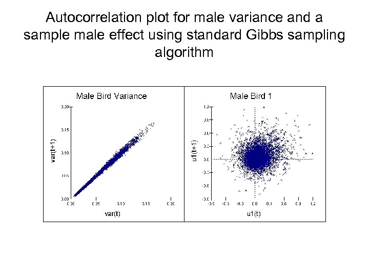 Autocorrelation plot for male variance and a sample male effect using standard Gibbs sampling