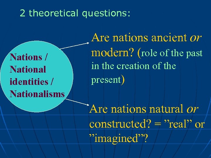 2 theoretical questions: Nations / National identities / Nationalisms Are nations ancient or modern?