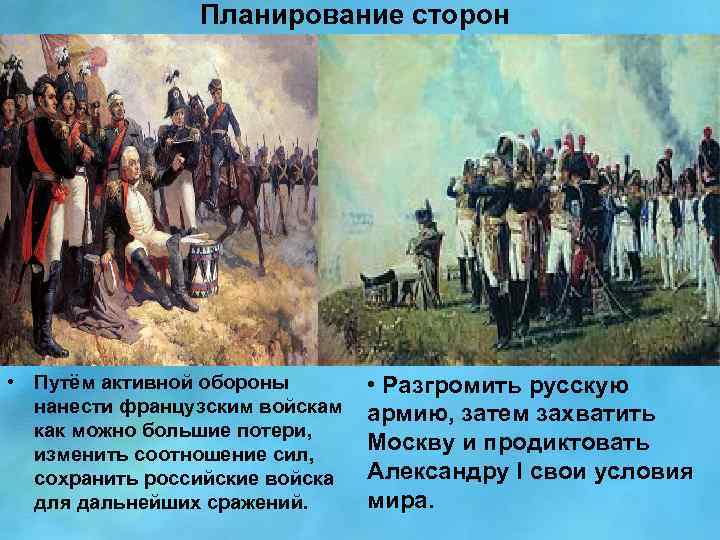 Планирование сторон • Путём активной обороны нанести французским войскам как можно большие потери, изменить