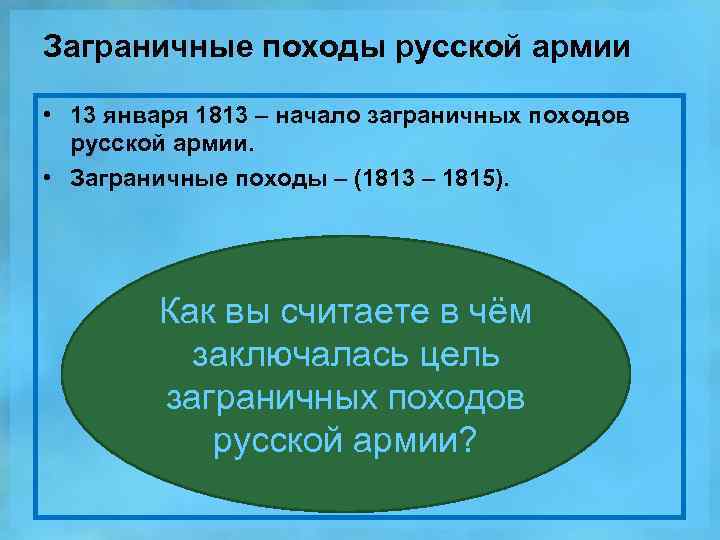 Заграничные походы русской армии • 13 января 1813 – начало заграничных походов русской армии.