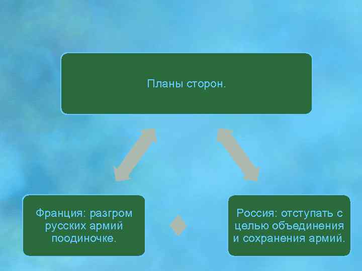 Планы сторон. Франция: разгром русских армий поодиночке. Россия: отступать с целью объединения и сохранения