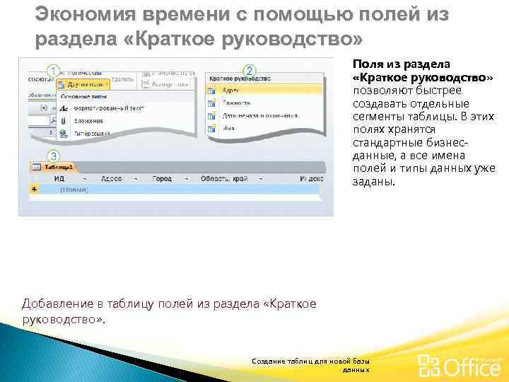 Экономия времени с помощью полей из раздела «Краткое руководство» Поля из раздела «Краткое руководство»