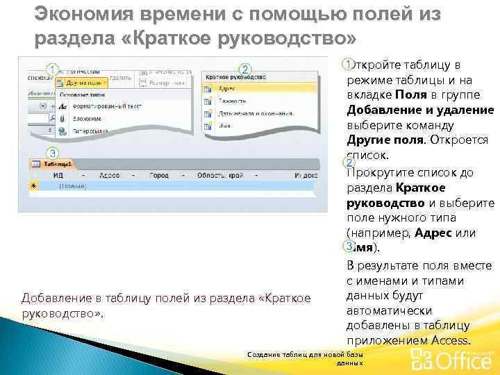 Экономия времени с помощью полей из раздела «Краткое руководство» Добавление в таблицу полей из