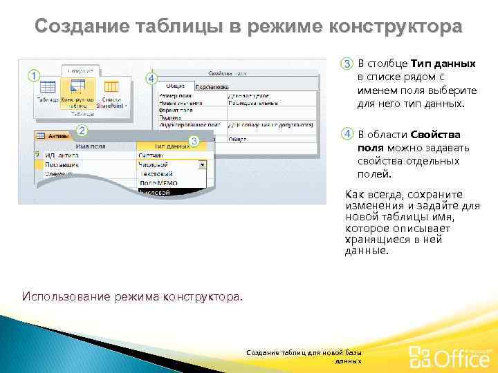 Создание таблицы в режиме конструктора В столбце Тип данных в списке рядом с именем