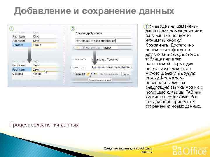 Добавление и сохранение данных При вводе или изменении данных для помещения их в базу