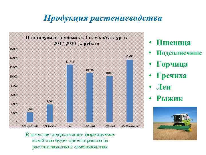 Продукция растениеводства Планируемая прибыль с 1 га с/х культур в 2017 -2020 г. ,