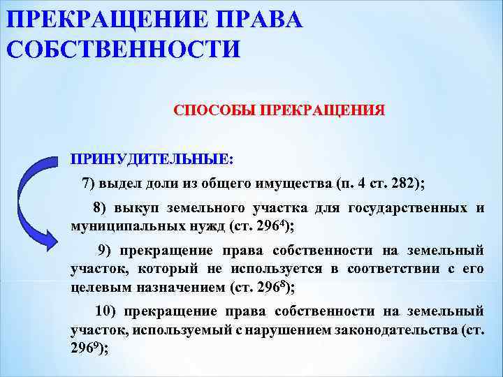 Способ окончание. Прекращение прав собственности. Способы прекращения права собственности. Прекращение права собственности на землю. Принудительное прекращение права собственности.