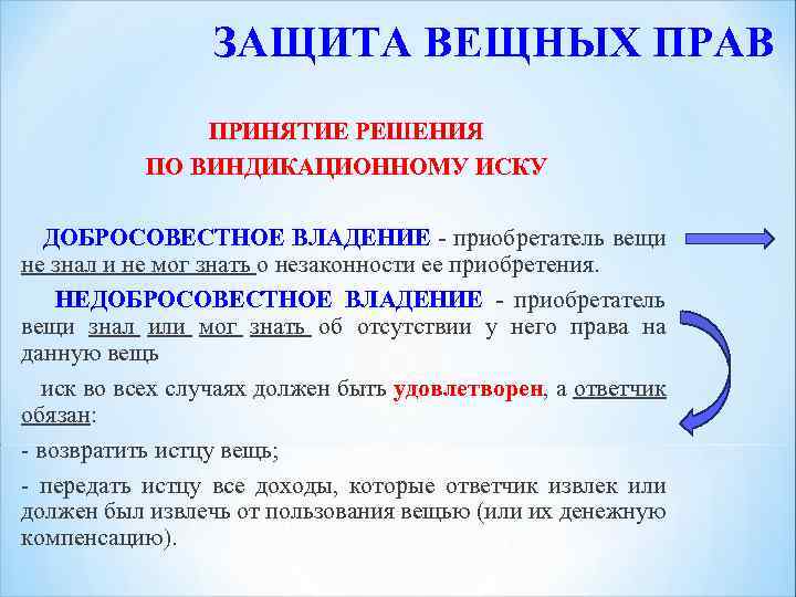 ЗАЩИТА ВЕЩНЫХ ПРАВ ПРИНЯТИЕ РЕШЕНИЯ ПО ВИНДИКАЦИОННОМУ ИСКУ ДОБРОСОВЕСТНОЕ ВЛАДЕНИЕ - приобретатель вещи не