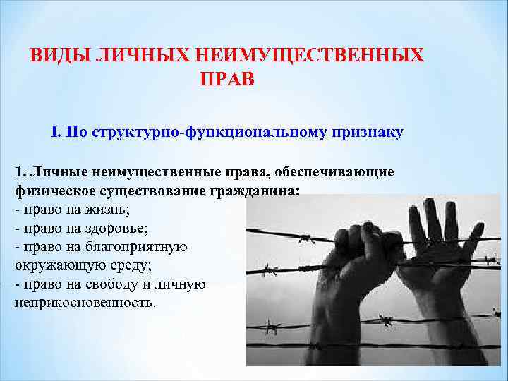 ВИДЫ ЛИЧНЫХ НЕИМУЩЕСТВЕННЫХ ПРАВ I. По структурно-функциональному признаку 1. Личные неимущественные права, обеспечивающие физическое