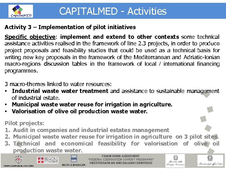 CAPITALMED - Activities Activity 3 – Implementation of pilot initiatives Specific objective: implement and