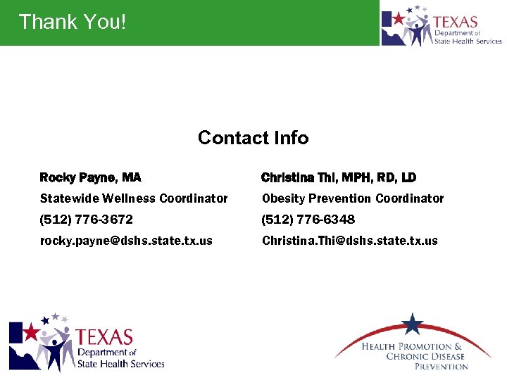 Thank You! Contact Info Rocky Payne, MA Christina Thi, MPH, RD, LD Statewide Wellness