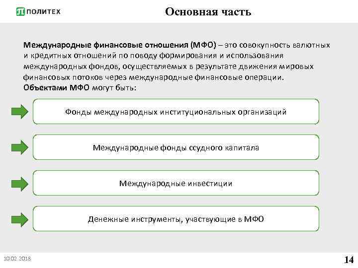 Основная часть Международные финансовые отношения (МФО) – это совокупность валютных и кредитных отношений по