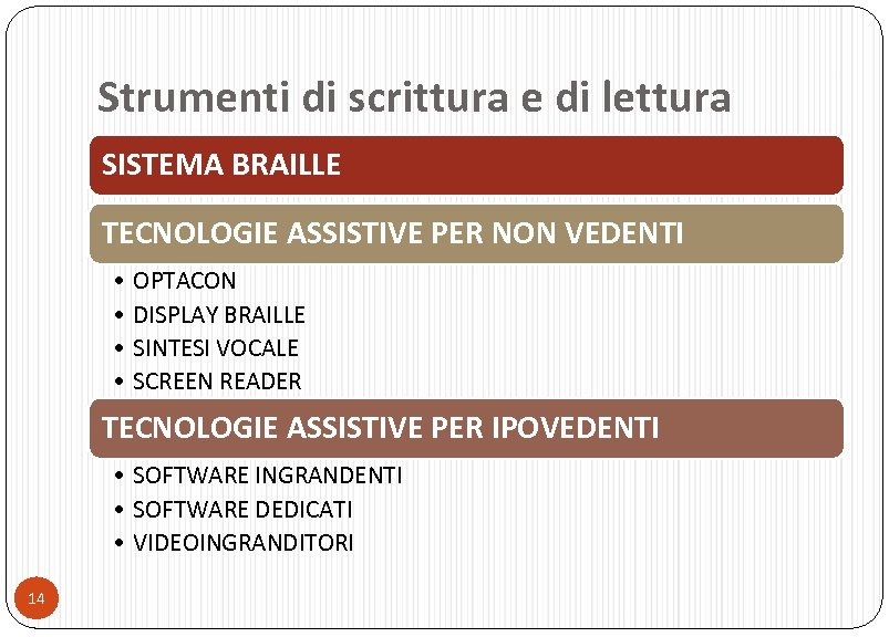 Strumenti di scrittura e di lettura SISTEMA BRAILLE TECNOLOGIE ASSISTIVE PER NON VEDENTI •