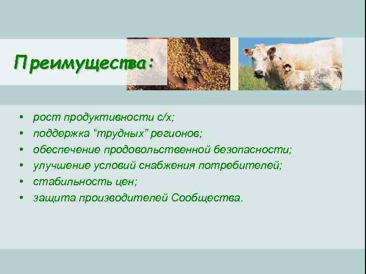 Преимущества: • • • рост продуктивности с/х; поддержка “трудных” регионов; обеспечение продовольственной безопасности; улучшение