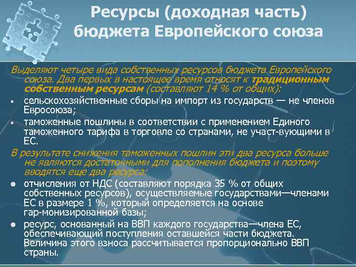 Ресурсы (доходная часть) бюджета Европейского союза Выделяют четыре вида собственных ресурсов бюджета Европейского союза.