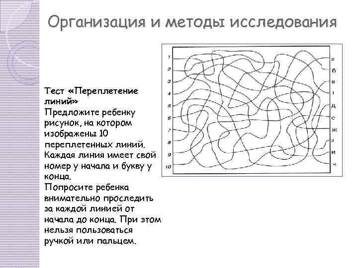 Организация и методы исследования Тест «Переплетение линий» Предложите ребенку рисунок, на котором изображены 10