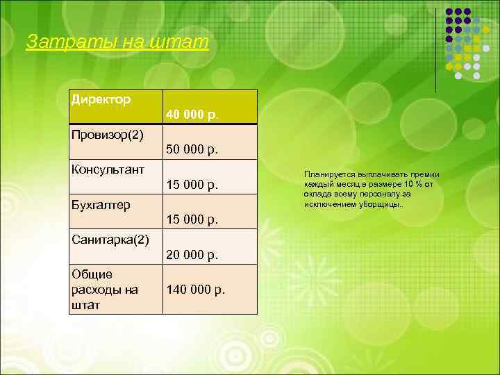Затраты на штат Директор 40 000 р. Провизор(2) 50 000 р. Консультант 15 000