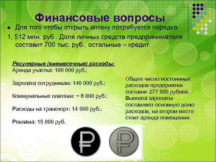 Финансовые вопросы Для того чтобы открыть аптеку потребуется порядка 1, 512 млн. руб. Доля
