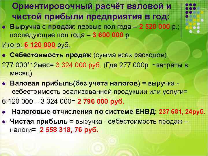 Ориентировочный расчёт валовой и чистой прибыли предприятия в год: Выручка с продаж: первые пол