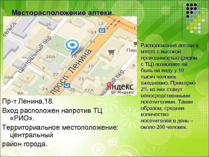 Месторасположение аптеки. Пр-т Ленина, 18. Вход расположен напротив ТЦ «РИО» . Территориальное местоположение: ì