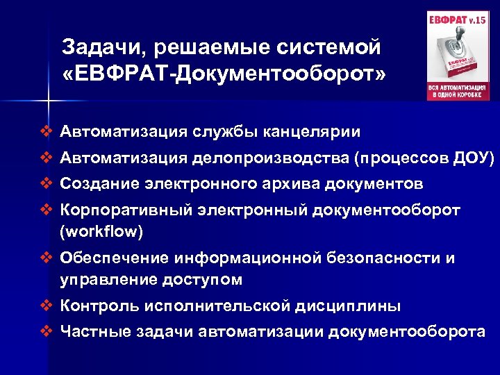 Задачи, решаемые системой «ЕВФРАТ-Документооборот» v Автоматизация службы канцелярии v Автоматизация делопроизводства (процессов ДОУ) v