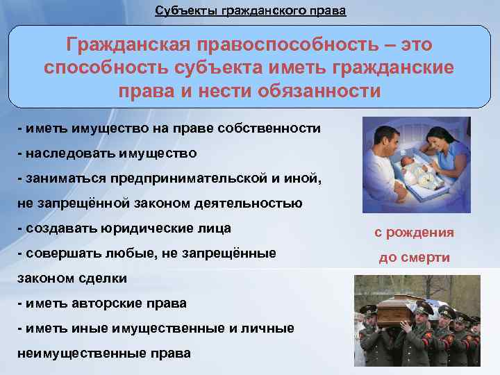 Субъекты гражданского права Гражданская правоспособность – это способность субъекта иметь гражданские права и нести