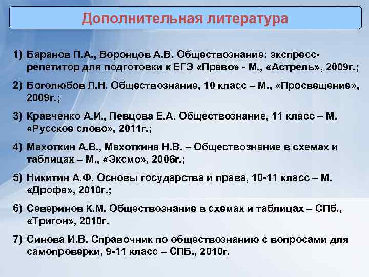 Дополнительная литература 1) Баранов П. А. , Воронцов А. В. Обществознание: экспрессрепетитор для подготовки