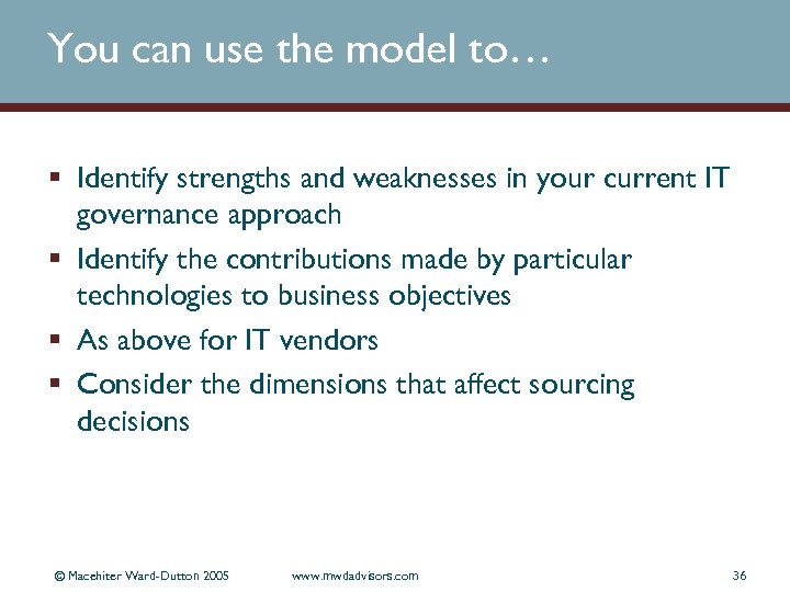 You can use the model to… § Identify strengths and weaknesses in your current