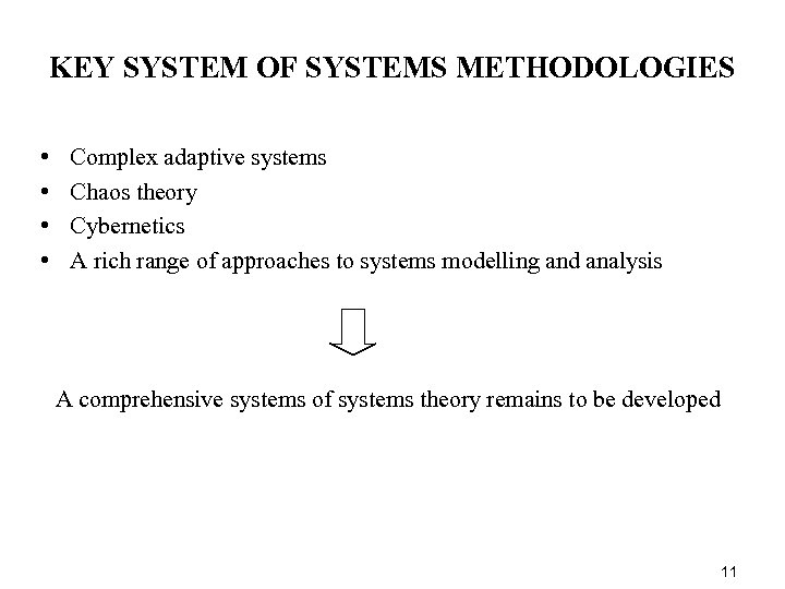 KEY SYSTEM OF SYSTEMS METHODOLOGIES • • Complex adaptive systems Chaos theory Cybernetics A