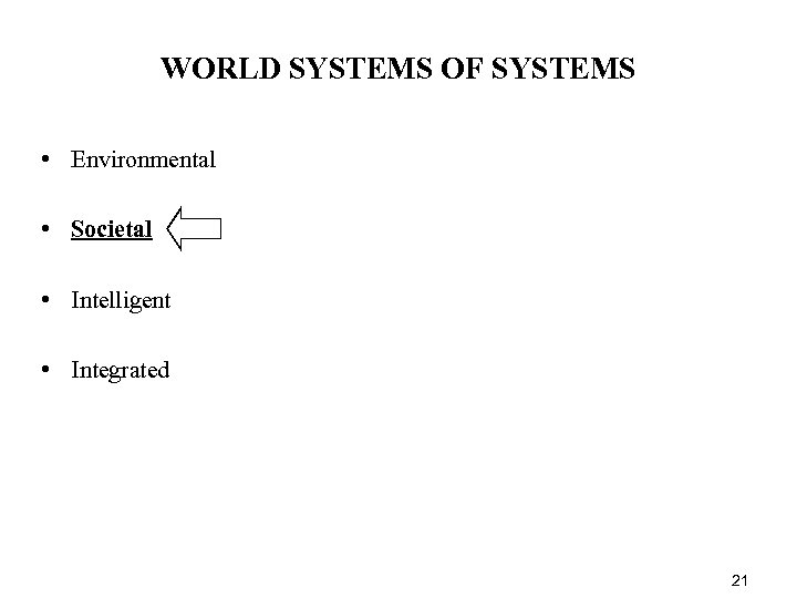 WORLD SYSTEMS OF SYSTEMS • Environmental • Societal • Intelligent • Integrated 21 