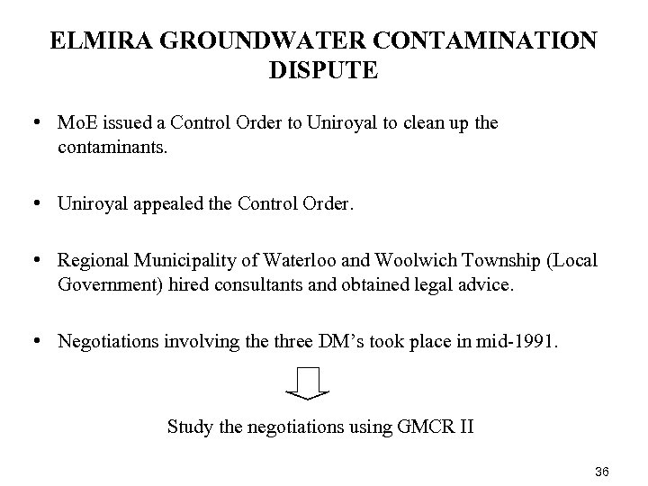 ELMIRA GROUNDWATER CONTAMINATION DISPUTE • Mo. E issued a Control Order to Uniroyal to