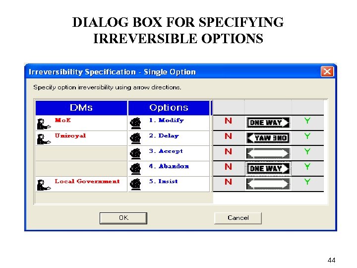 DIALOG BOX FOR SPECIFYING IRREVERSIBLE OPTIONS 44 