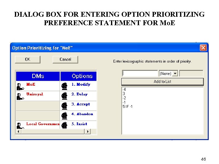 DIALOG BOX FOR ENTERING OPTION PRIORITIZING PREFERENCE STATEMENT FOR Mo. E 46 