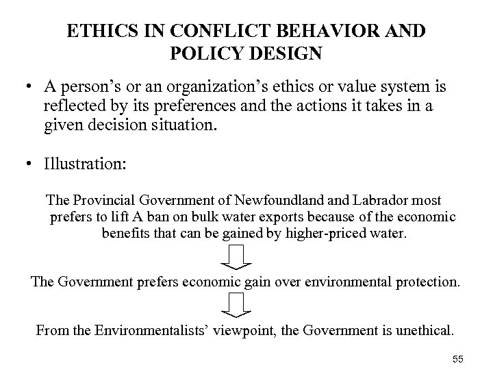 ETHICS IN CONFLICT BEHAVIOR AND POLICY DESIGN • A person’s or an organization’s ethics
