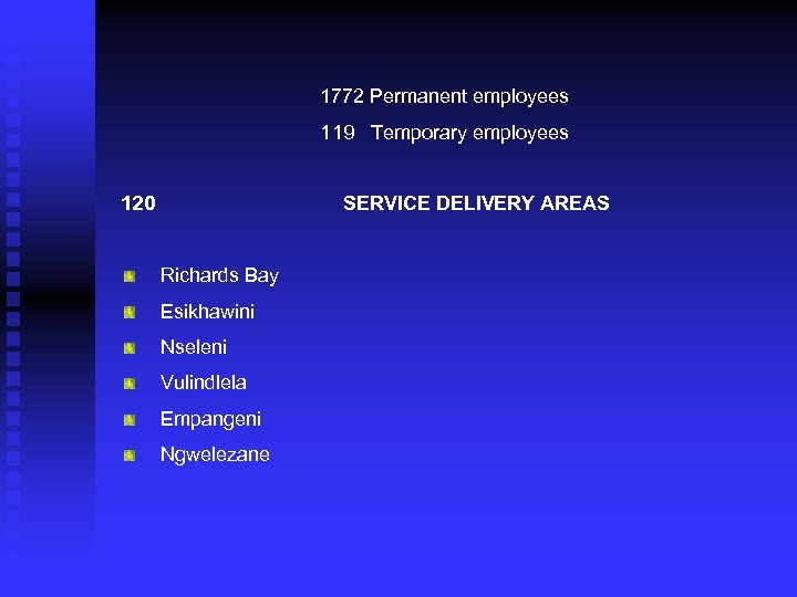 1772 Permanent employees 119 Temporary employees 120 SERVICE DELIVERY AREAS Richards Bay Esikhawini Nseleni