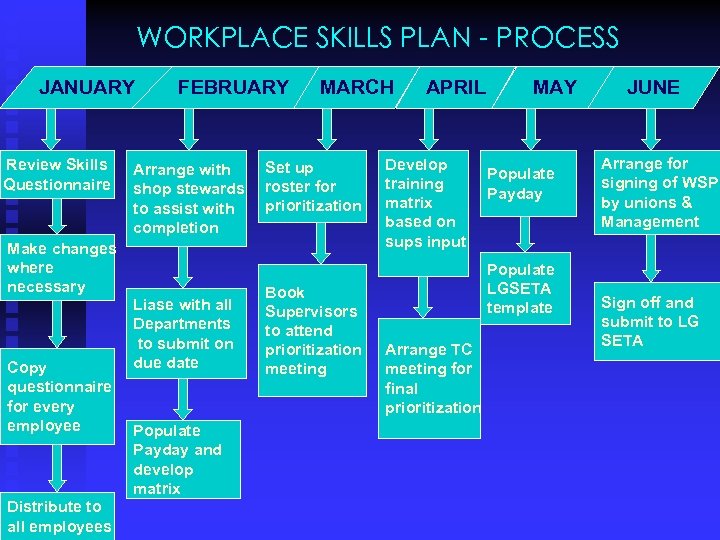 WORKPLACE SKILLS PLAN - PROCESS JANUARY Review Skills Questionnaire FEBRUARY Arrange with shop stewards