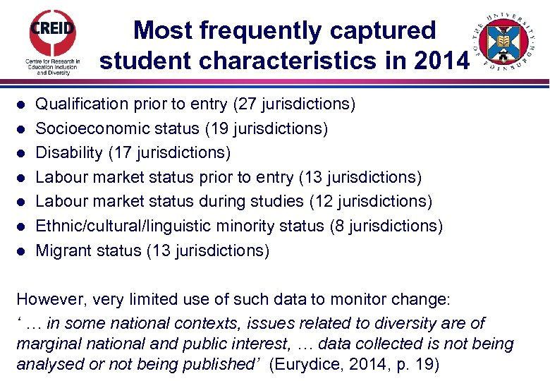Most frequently captured student characteristics in 2014 l l l l Qualification prior to