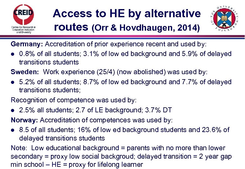 Access to HE by alternative routes (Orr & Hovdhaugen, 2014) Germany: Accreditation of prior