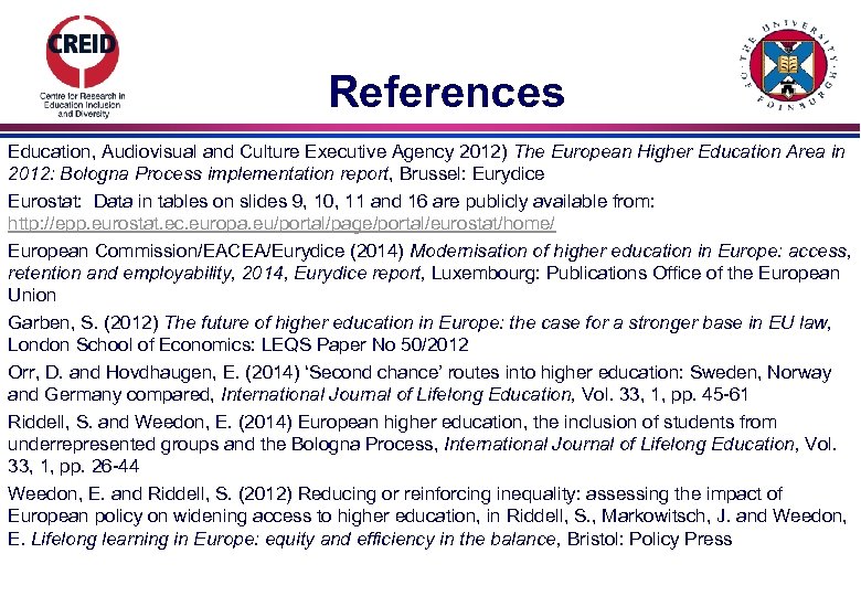 References Education, Audiovisual and Culture Executive Agency 2012) The European Higher Education Area in