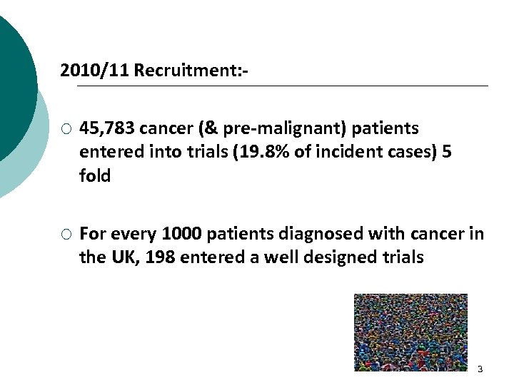 2010/11 Recruitment: ¡ 45, 783 cancer (& pre-malignant) patients entered into trials (19. 8%