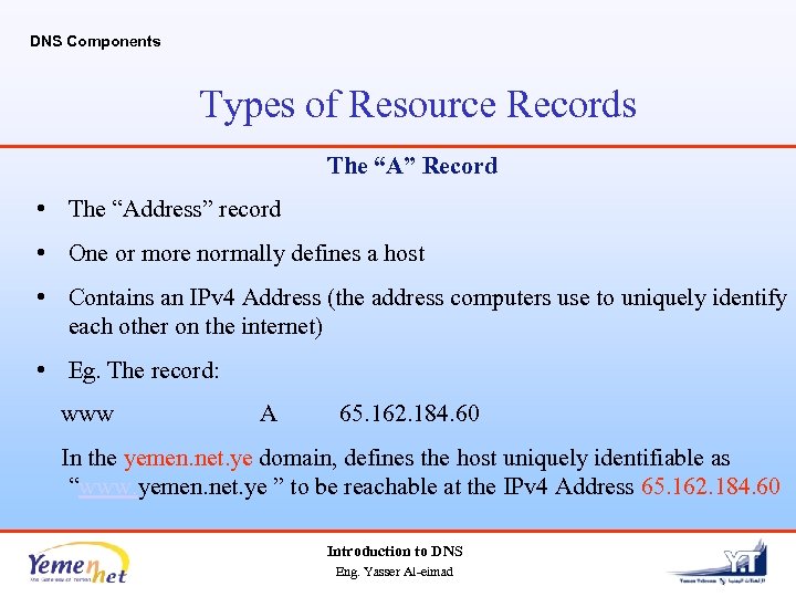 DNS Components Types of Resource Records The “A” Record • The “Address” record •