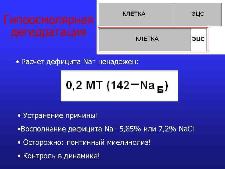 Гипоосмолярная дегидратация • Расчет дефицита Na+ ненадежен: • Устранение причины! • Восполнение дефицита Na+