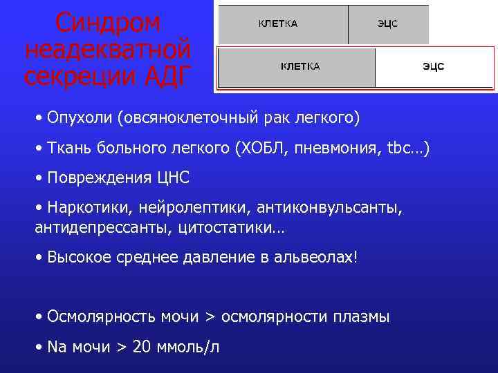 Синдром неадекватной секреции АДГ • Опухоли (овсяноклеточный рак легкого) • Ткань больного легкого (ХОБЛ,