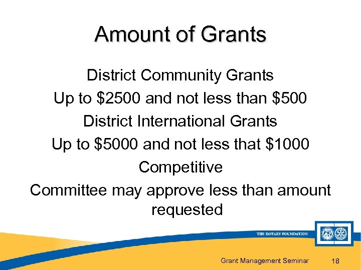 Amount of Grants District Community Grants Up to $2500 and not less than $500