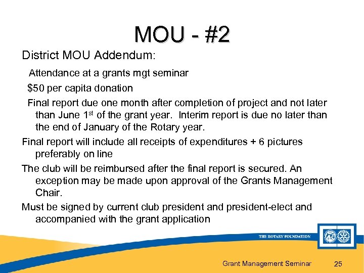MOU - #2 District MOU Addendum: Attendance at a grants mgt seminar $50 per