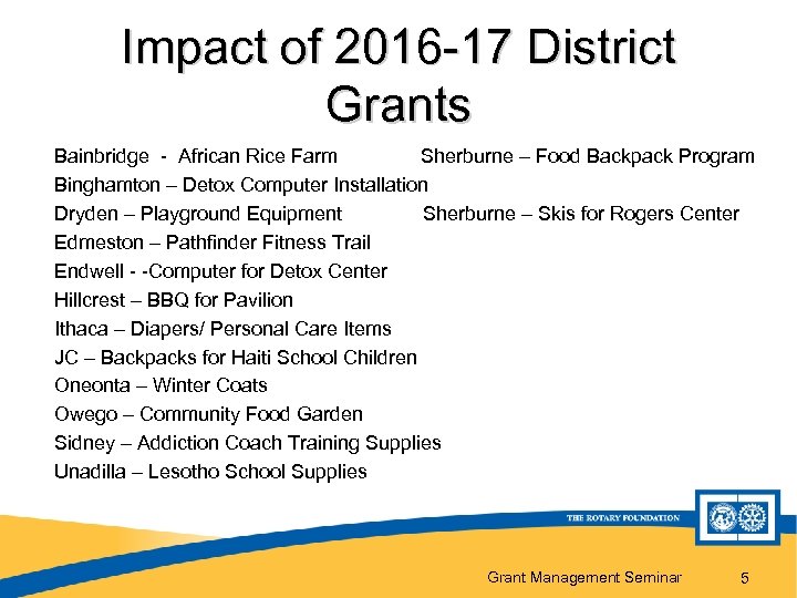 Impact of 2016 -17 District Grants Bainbridge - African Rice Farm Sherburne – Food
