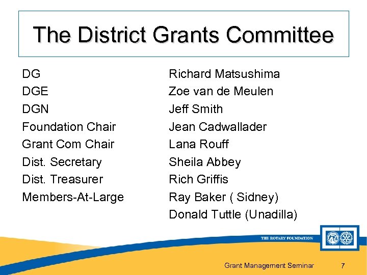 The District Grants Committee DG DGE DGN Foundation Chair Grant Com Chair Dist. Secretary