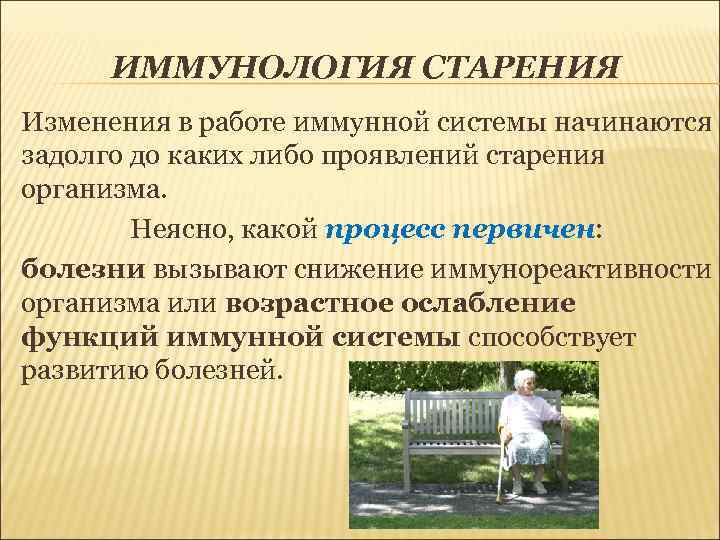 ИММУНОЛОГИЯ СТАРЕНИЯ Изменения в работе иммунной системы начинаются задолго до каких либо проявлений старения